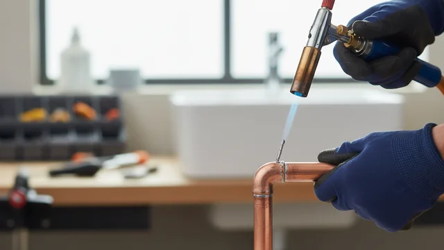 Licensed plumber soldering copper pipe fittings for residential plumbing service in Texas